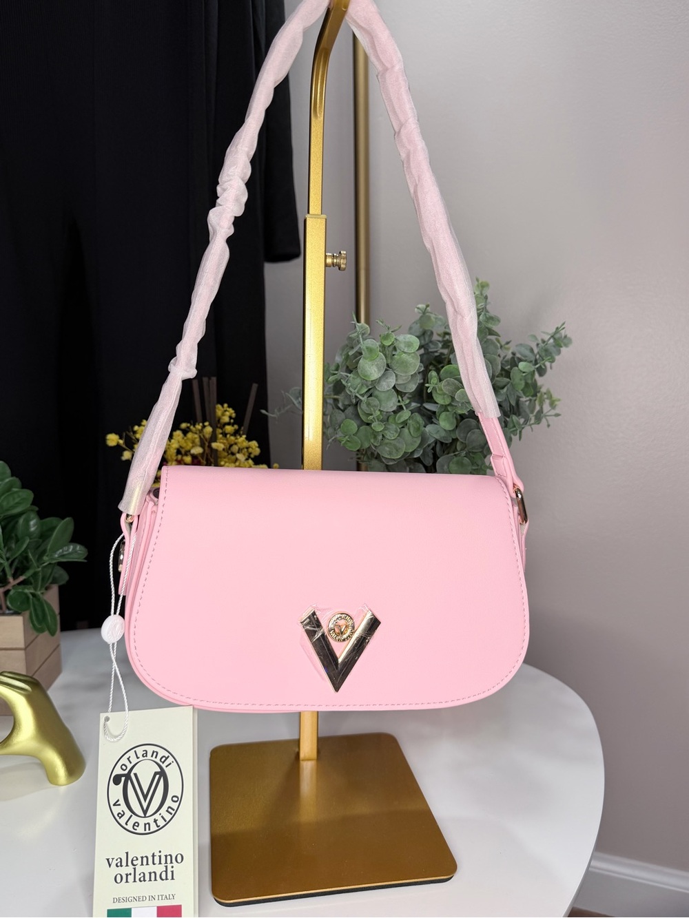 Valentino Orlandi Pink Shoulder Bag with Gold V Accent